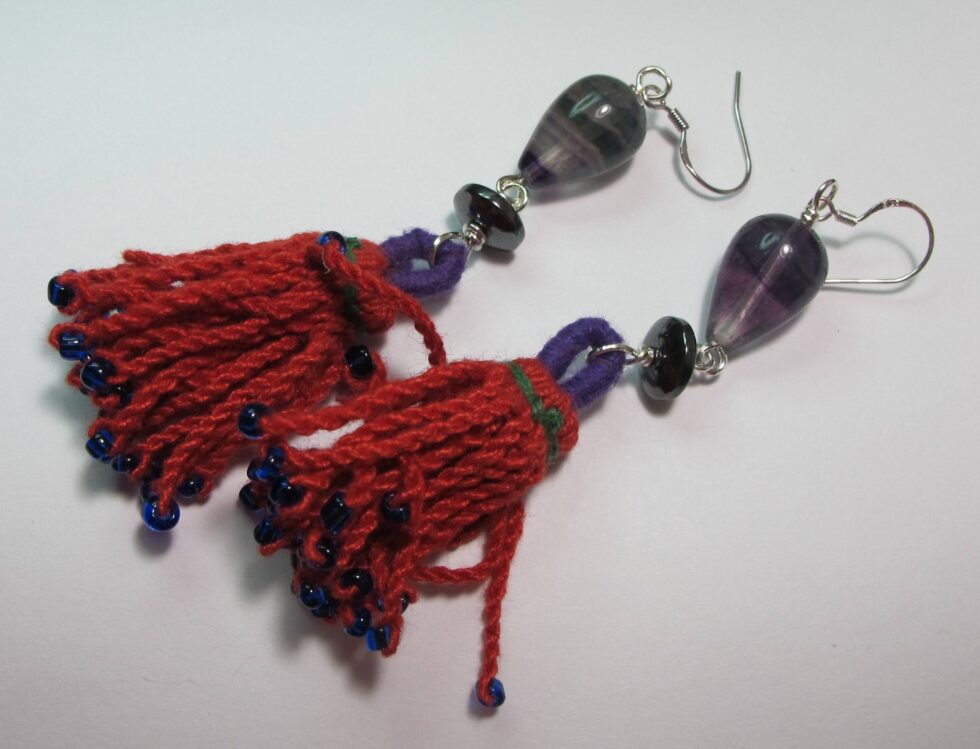 Silver earrings with Turkish tassel, fluorite and hematite