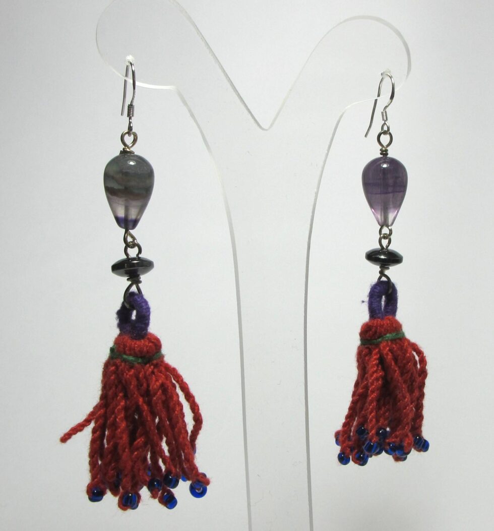 Silver earrings with Turkish tassel, fluorite and hematite