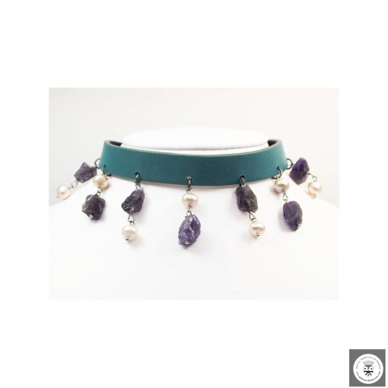 Girocollo e bracciale in pelle con ametista e perle