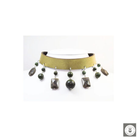 Girocollo e bracciale in pelle double-face con giada verde africana e labradorite marrone