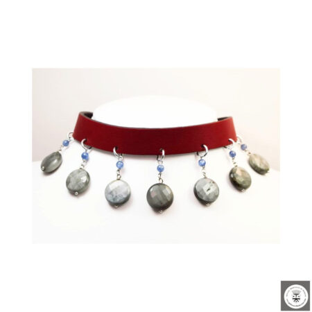 Girocollo e bracciale in pelle con occhio di falco e kyanite