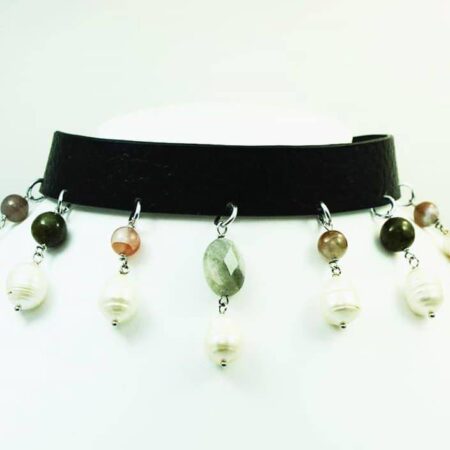 Leather choker with pearls, labradorite and agate