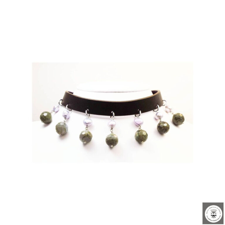 Girocollo e bracciale in pelle double face con perle e labradorite