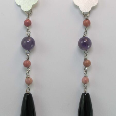 Silver earrings with onyx, amethyst and rhodonite