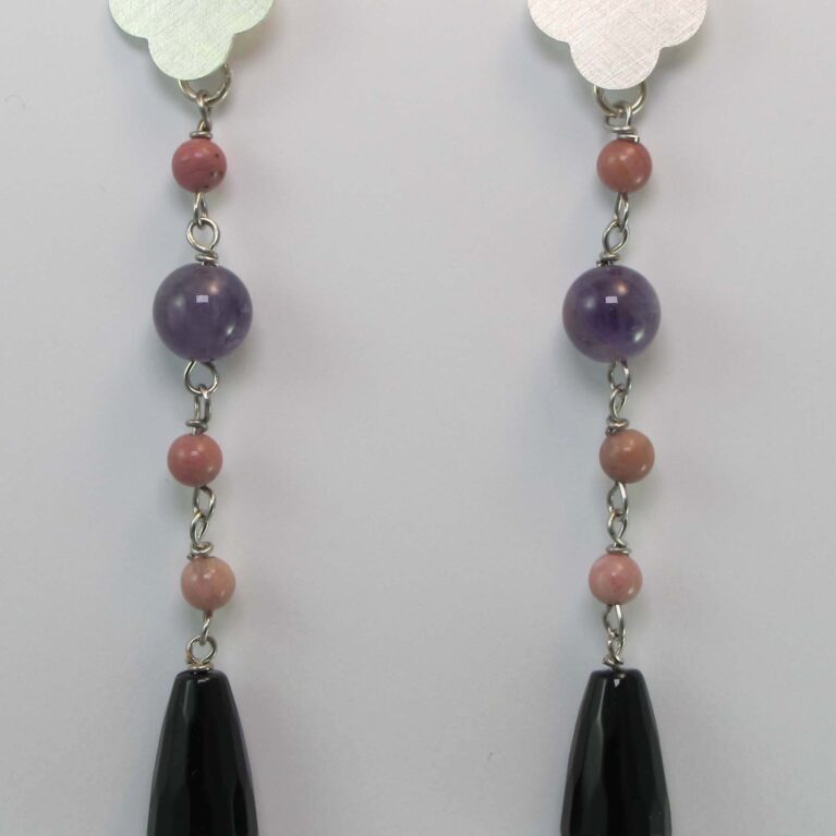 Silver earrings with onyx, amethyst and rhodonite