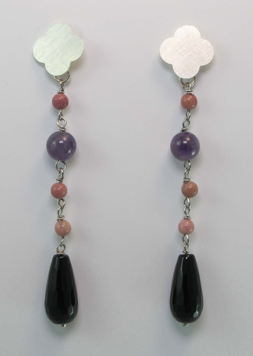 Silver earrings with onyx, amethyst and rhodonite