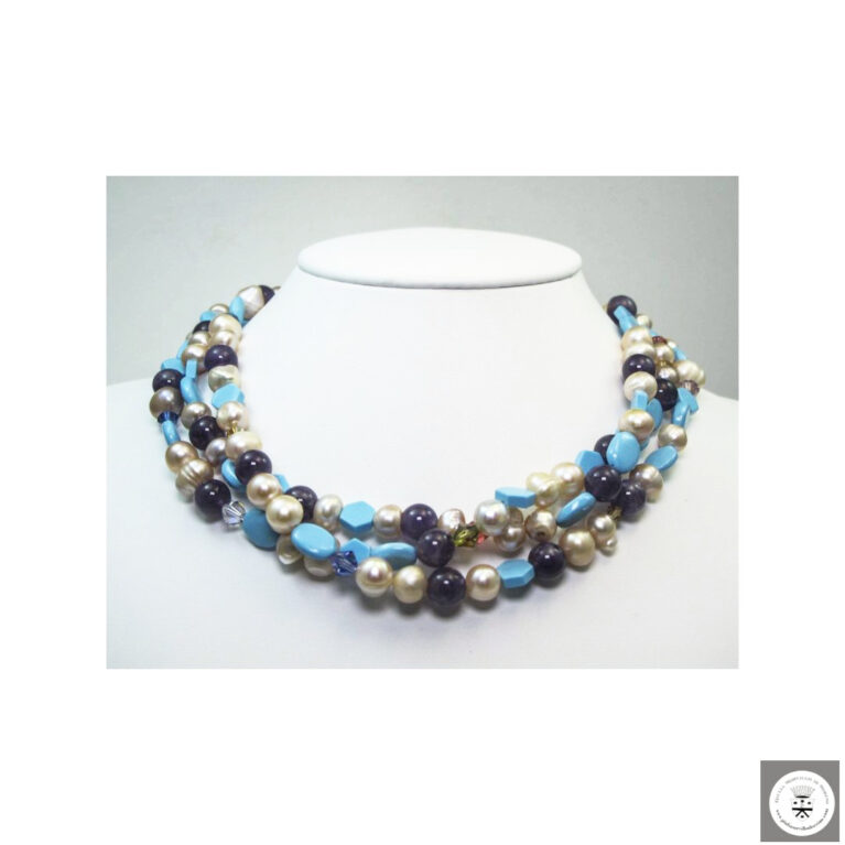 Collana multifilo con perle, ametista, turchese e cristalli Swarovski