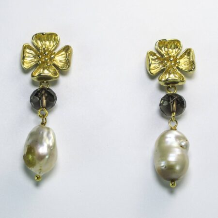 Brass earrings with pearls and smoky quartz