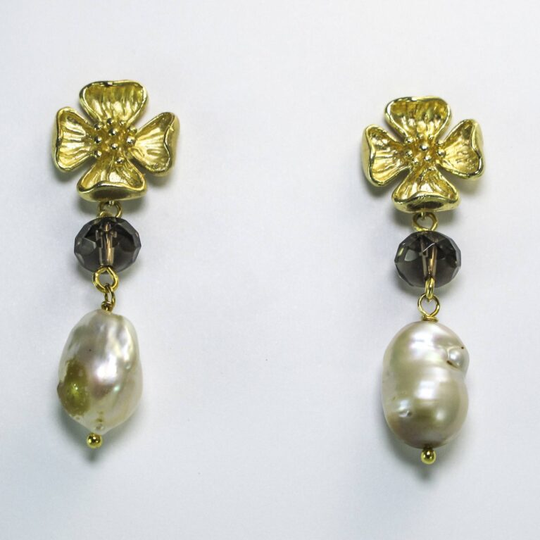 Brass earrings with pearls and smoky quartz