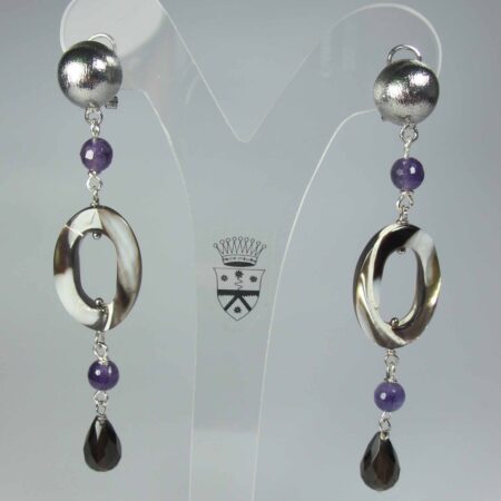 Earrings with mother of pearl, amethyst and smoky quartz