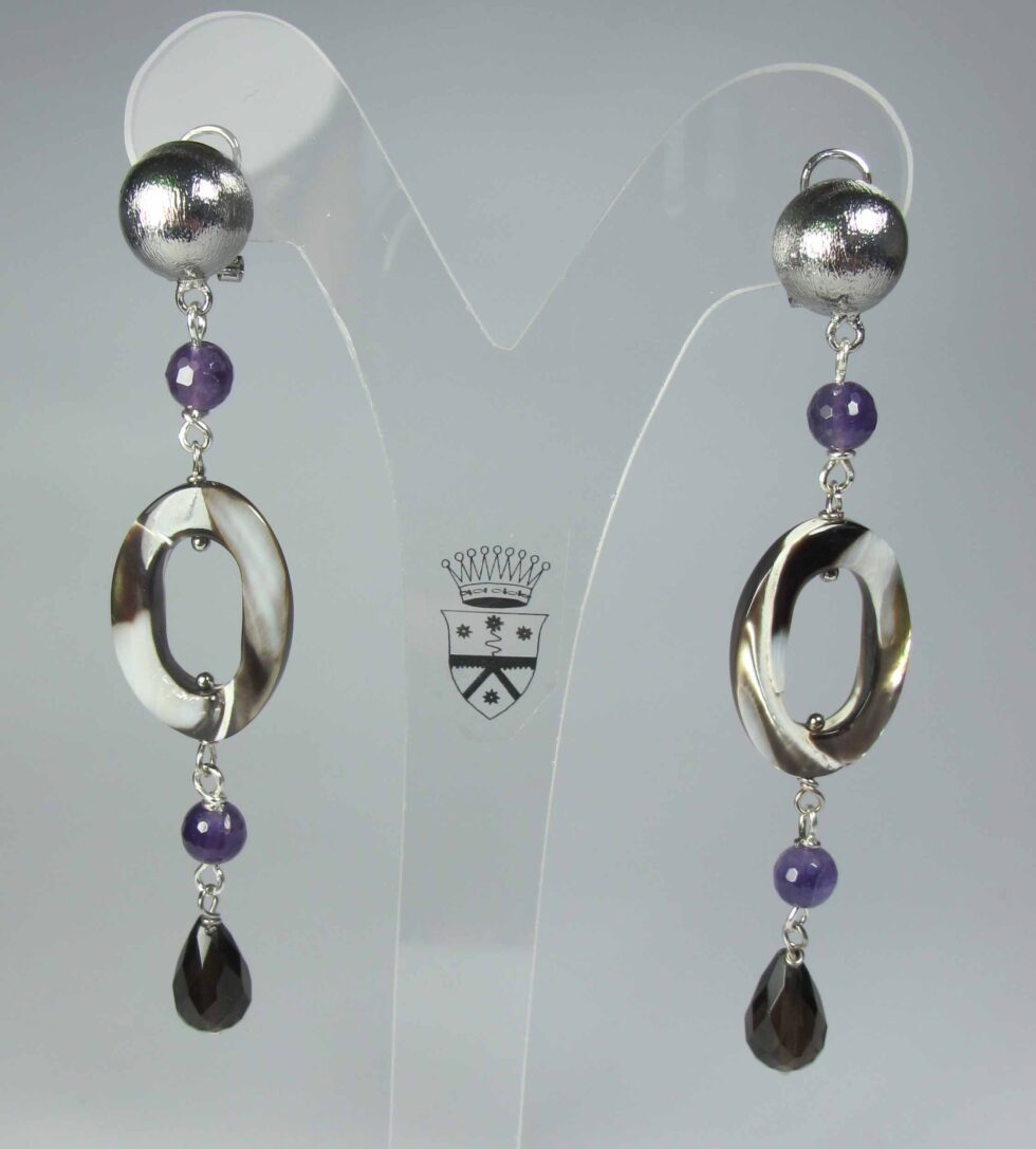 Earrings with mother of pearl, amethyst and smoky quartz
