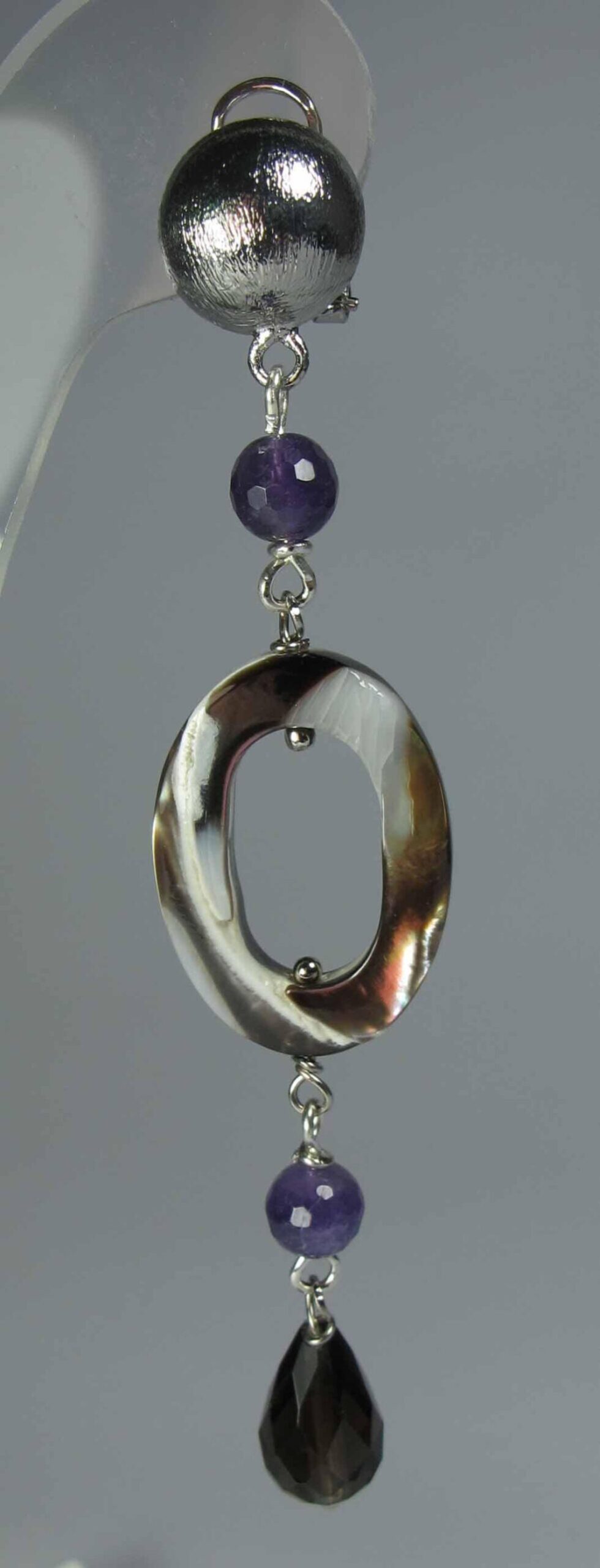 Earrings with mother of pearl, amethyst and smoky quartz