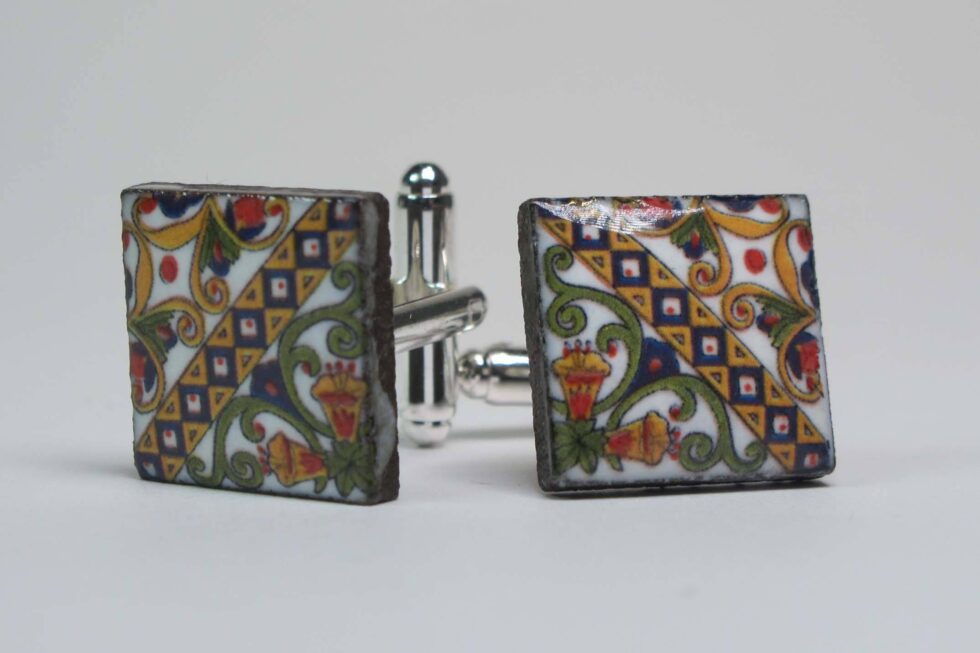 Cufflinks with enamelled lava lapilli (cassata design)