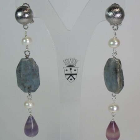Brass earrings with kyanite, fluorite and pearls