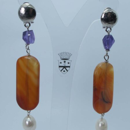 Brass earrings with carnelian, pearls and amethyst