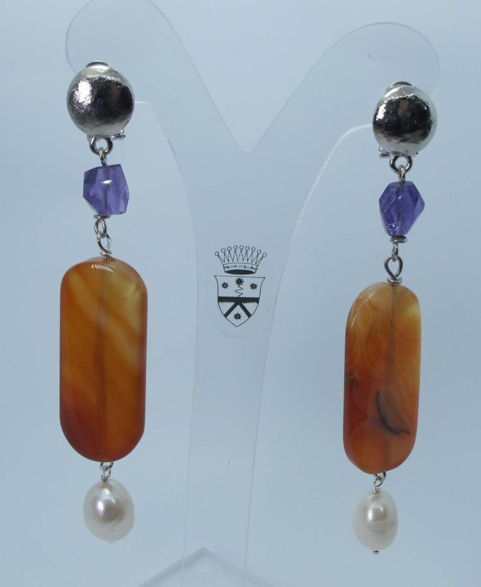 Brass earrings with carnelian, pearls and amethyst