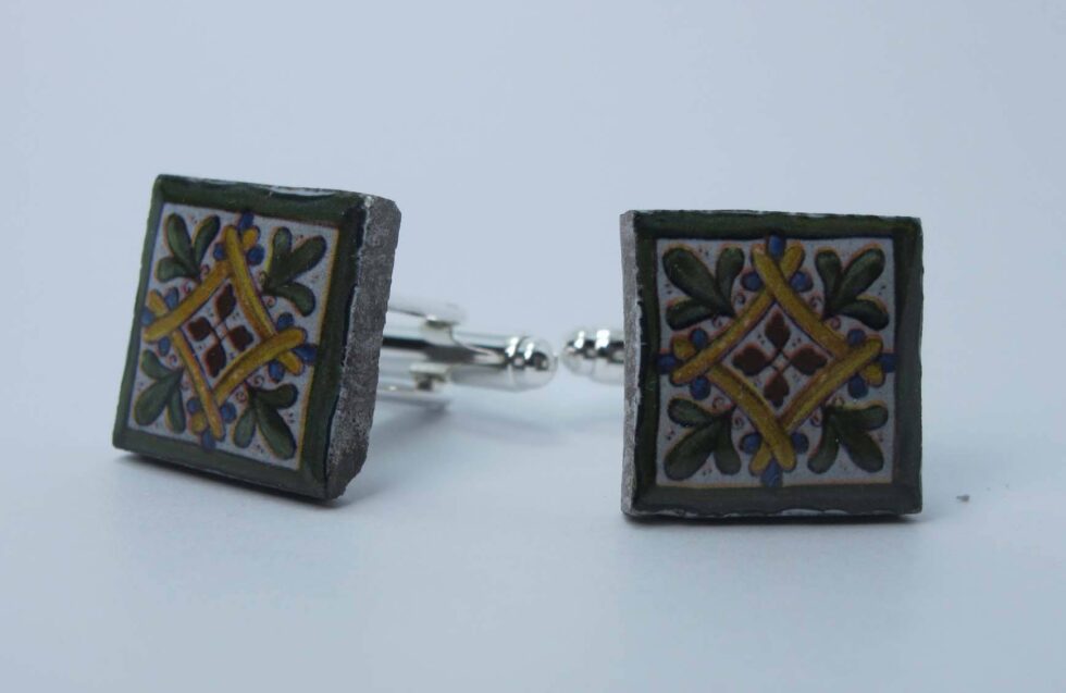 Cufflinks with enamelled lava lapilli (green and yellow mattonella design)