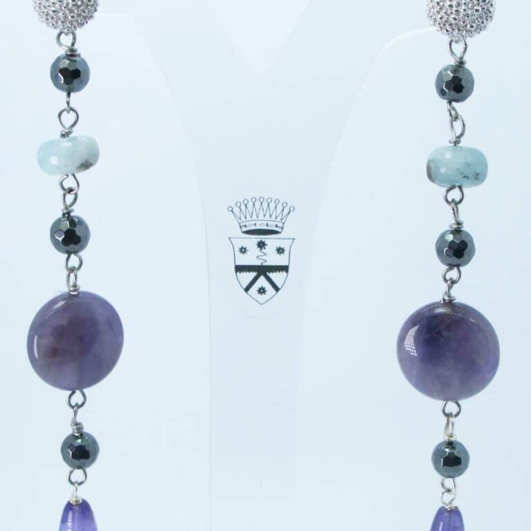 Silver earrings with amethyst, aquamarine and hematite