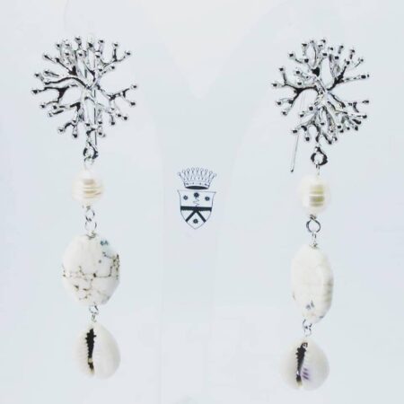 Brass earrings with pearls. howlite and shells