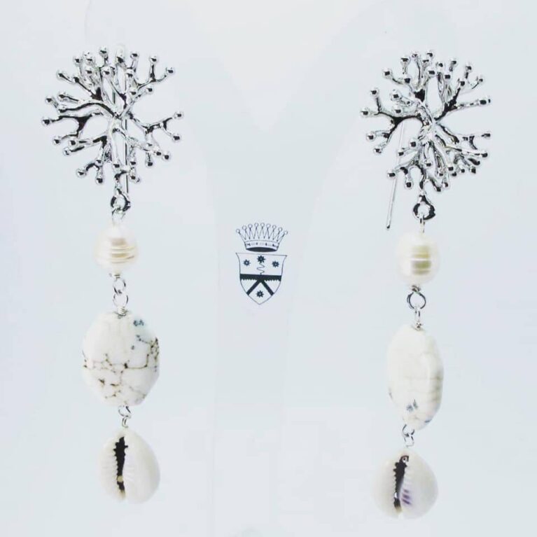 Brass earrings with pearls. howlite and shells