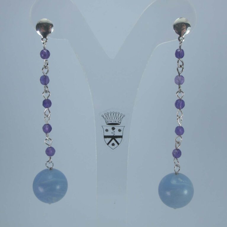 Silver earrings with chalcedony and amethyst
