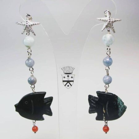 Silver earrings with aquamarine, green jasper and red coral