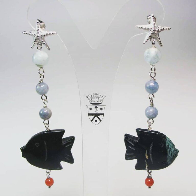 Silver earrings with aquamarine, green jasper and red coral