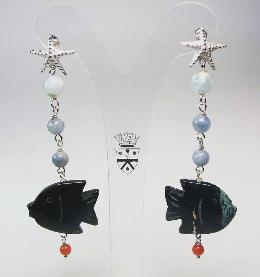 Silver earrings with aquamarine, green jasper and red coral