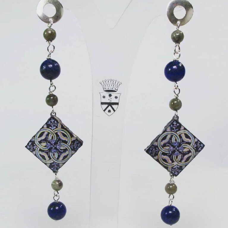 Silver earrings with enamelled lava lapilli, lapis lazuli and labradorite