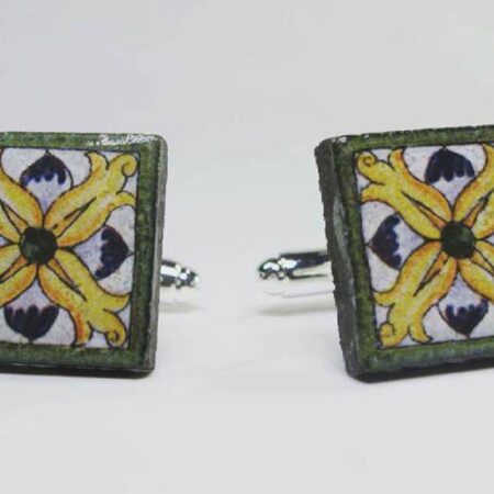 Square cufflinks with enamelled lava lapilli (lily design)