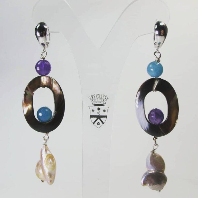 Silver earrings with baroque pearls, mother of pearl, angelite and amethyst