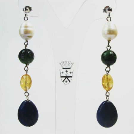 Silver earrings with baroque freshwater pearls, rubyzoisite, citrine quartz and lapis lazuli