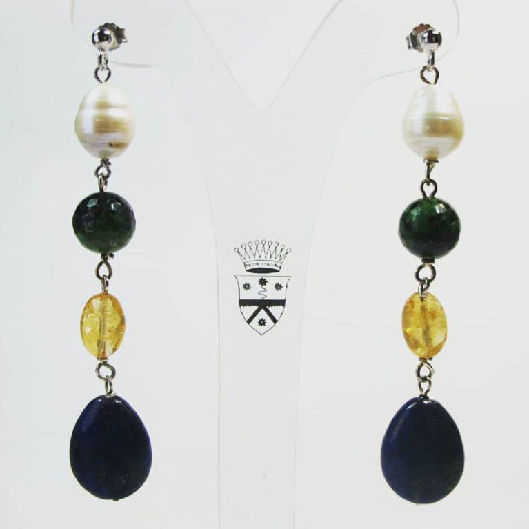Silver earrings with baroque freshwater pearls, rubyzoisite, citrine quartz and lapis lazuli