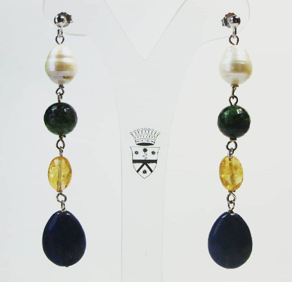 Silver earrings with baroque freshwater pearls, rubyzoisite, citrine quartz and lapis lazuli