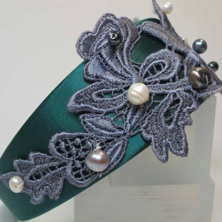 Headband in petrol green satin with grey lace and pearls