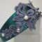 Headband in petrol green satin with grey lace and pearls