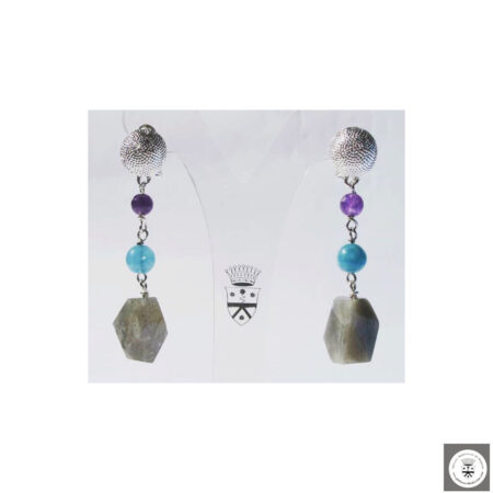 Orecchini in ottone rodiato con labradorite, angelite e ametista