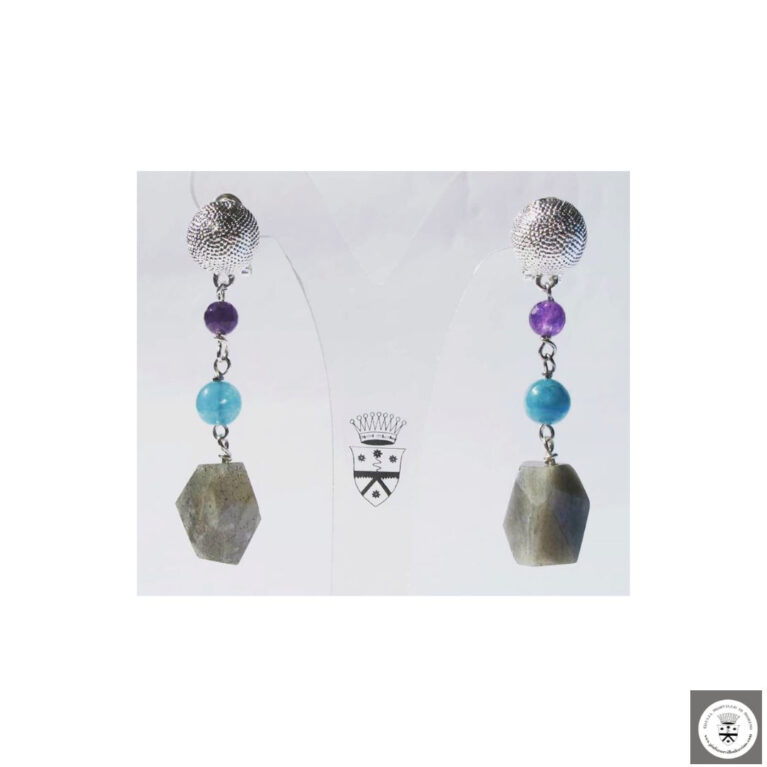 Orecchini in ottone rodiato con labradorite, angelite e ametista