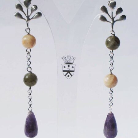 Long silver earrings with amethyst, pink moonstone and labradorite