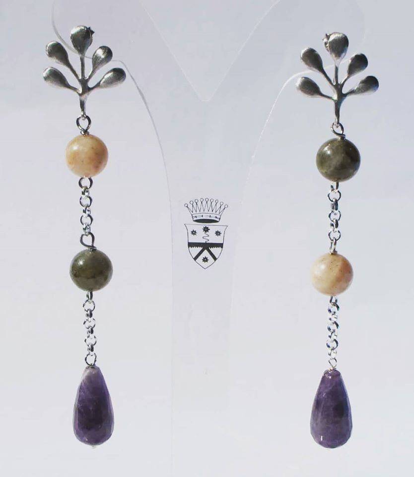 Long silver earrings with amethyst, pink moonstone and labradorite
