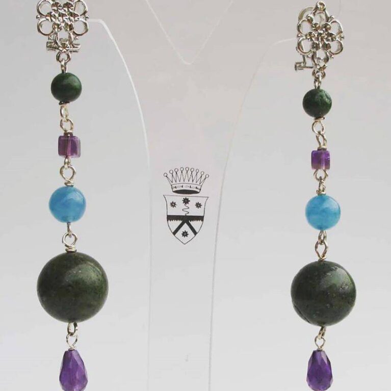 Rhodium plated brass earrings with african jade, angelite and amethyst