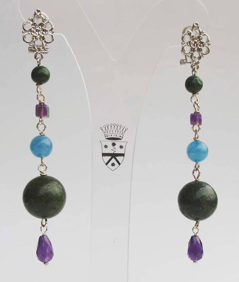 Rhodium plated brass earrings with african jade, angelite and amethyst