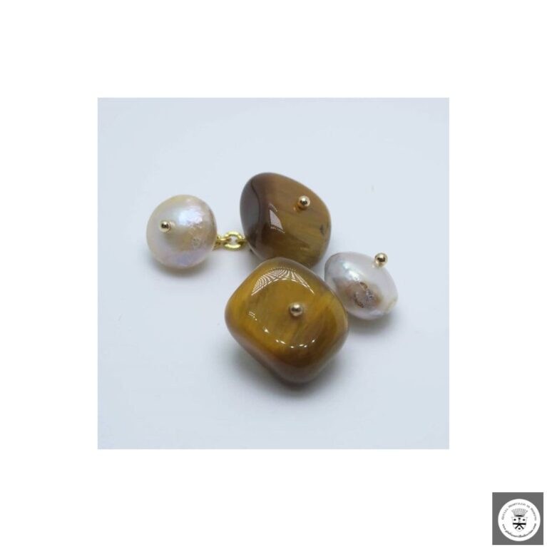 Gemelli in ottone con perle barocche e occhio di tigre