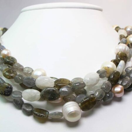 Multistrand necklace with labradorite, moonstone and baroque pearls