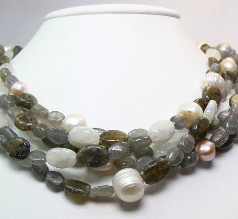 Multistrand necklace with labradorite, moonstone and baroque pearls