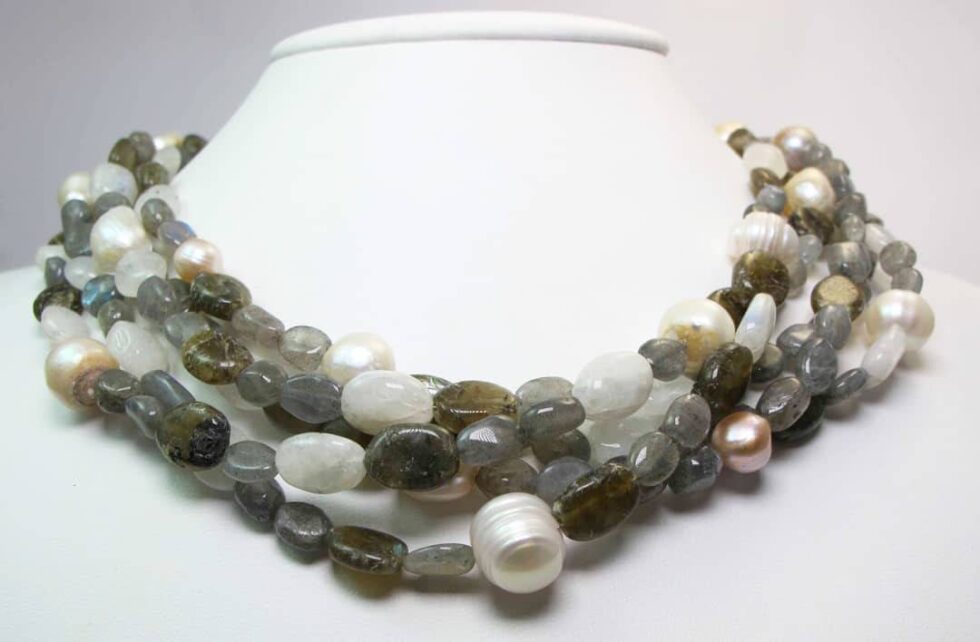 Multistrand necklace with labradorite, moonstone and baroque pearls