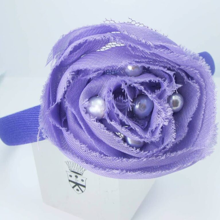 Headband with lilac chiffon camelia and pearls