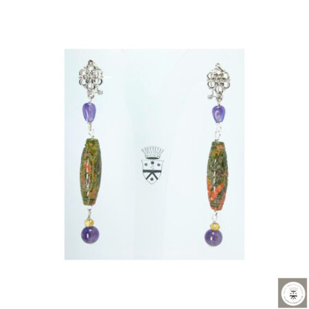 Orecchini con unakite incisa, ametiste e quarzo citrino