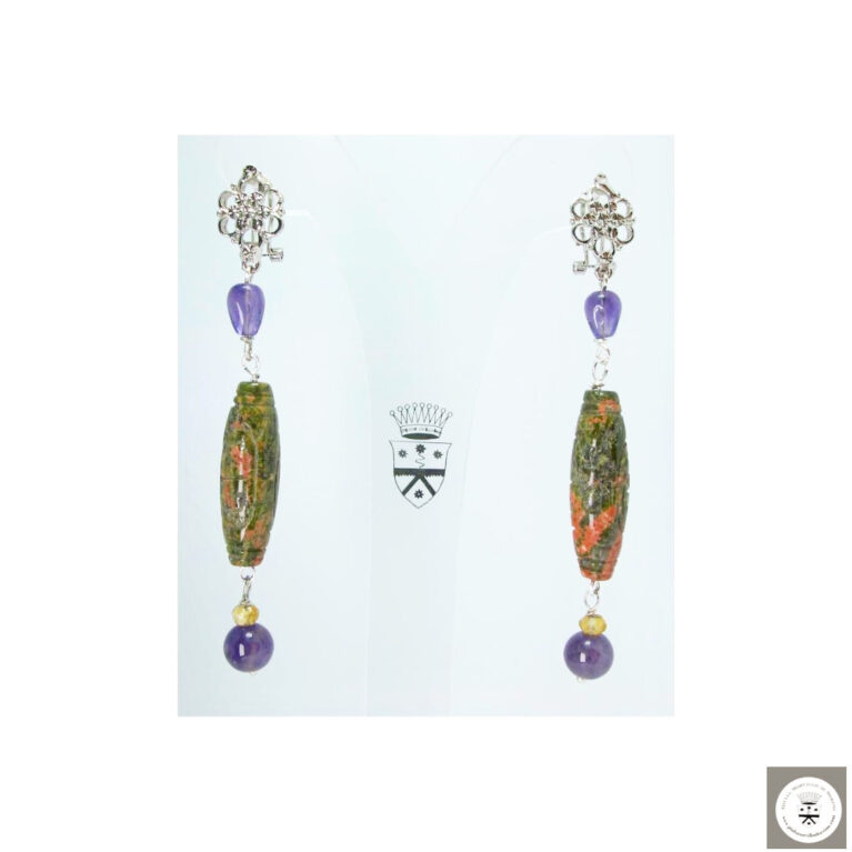 Orecchini con unakite incisa, ametiste e quarzo citrino