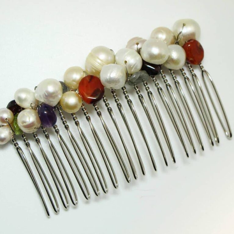 Hair comb with pearls and semi-precious stones